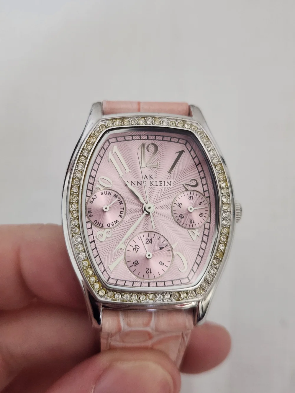 Anne Klein Pink Leather Strap Watch With Crystals
